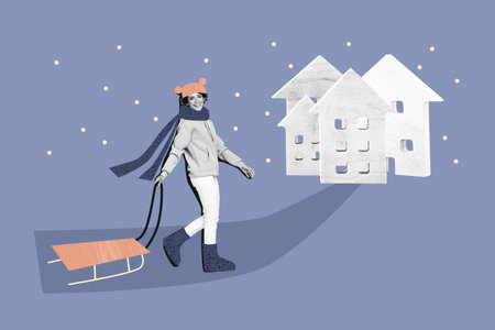 Collage image of charming girl walking city street holding sledge isolated on drawing backgroundの写真素材