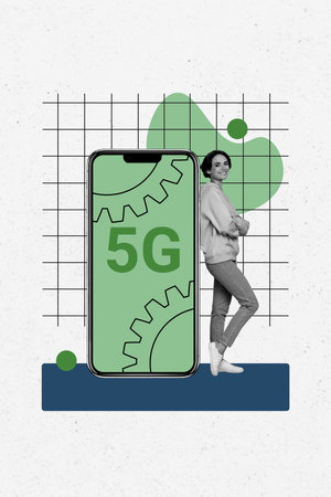 Vertical photo collage of happy girl stand big phone screen 5g connection optimization gearwheel app isolated on painted backgroundの写真素材