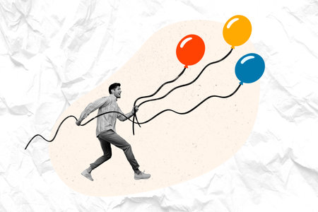 Creative collage image young man air balloons party feast celebration guest birthday event colorful decorations strings drawing backgroundの写真素材