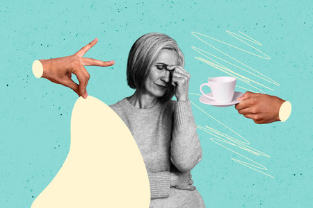 Composite photo collage of upset old woman hold head migraine problem herbal tea beverage hand offer cafe isolated on painted backgroundの写真素材