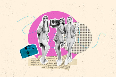 Trend artwork sketch image composite collage of rest relax carefree silhouette three young lady dance retro music boombox camera shootの写真素材