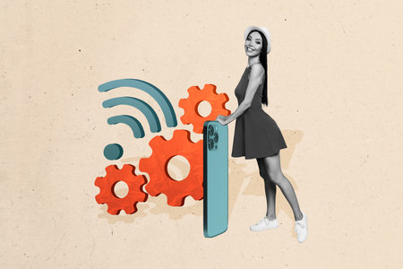 Poster banner collage of girl hold cell smart device with gear cog wheel hotspot on pastel color backgroundの写真素材