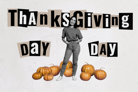 Sketch image artwork collage of autumn season happy thanksgiving day monochrome young lady student stand pumpkin vegetable greeting cardの写真素材