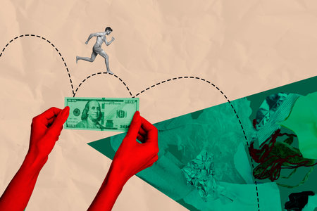 Trend sketch image collage of business money dollar banknote hand hold young guy walk fast run line...