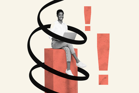 Composite photo collage of happy american girl browse macbook device receive important warning error sign isolated on painted backgroundの写真素材