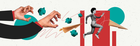 Composite panoramic collage of happy american girl employee run fired boss dictator hands throw paper isolated on painted backgroundの写真素材