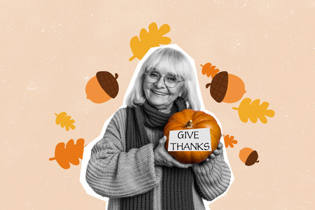 Composite photo collage of happy old woman hold pumpkin autumn harvest give thanks wear wool pullover scarf isolated on painted backgroundの写真素材