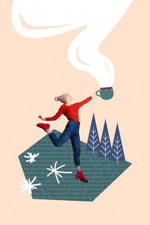 Vertical photo collage of happy girl hold hot tea beverage steam park cold weather winter atmosphere isolated on painted backgroundの写真素材