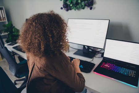 Photo of confident server engineer successful woman working modern gadget office indoors
