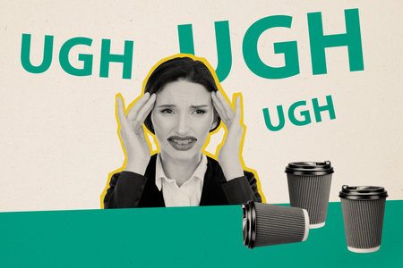 3d retro abstract creative artwork template collage of tired burnout lady having head ache drinking coffee isolated painting backgroundの写真素材