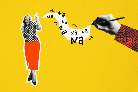 Composite photo collage of happy girl listen music headphones wireless device hand draw pencil line write isolated on painted backgroundの写真素材