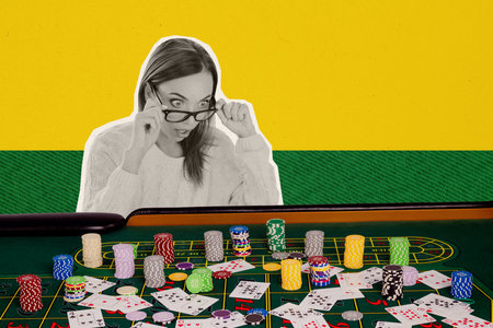 Composite artwork sketch image photo collage of caricature picture gambling casino gaming chips pile shocked lady rich mouth open staringの写真素材