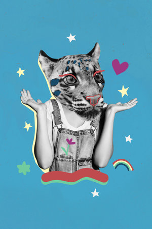 Vertical composite artwork collage image picture of girl tiger head make up isolated on creative...