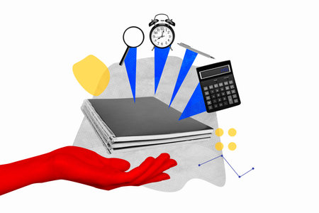 Creative collage picture hand body fragment expert profession occupation copybooks calculator...