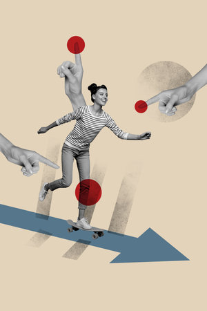 Vertical photo collage of happy girl ride skate board activity arrow pointer development hands point success isolated on painted backgroundの写真素材
