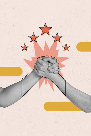 Vertical photo collage of two business people handshake gesture star rate cooperation arm wrestling...