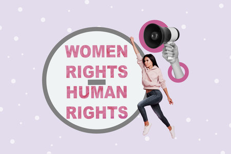 Creative photo collage picture young woman rights human activist protest demonstration loudspeaker bullhorn drawing backgroundの写真素材