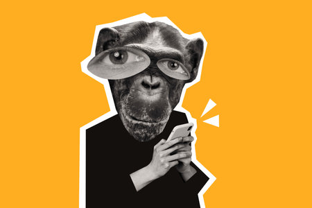 Composite photo collage of human wear monkey avatar mask hold iphone device social network human...