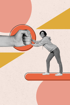 Vertical photo collage of happy girl business people success deal fist bump gesture support...