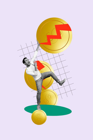 Vertical poster collage young man golden coin crack break separated tokens dollar currency finance earnings profit incomeの写真素材