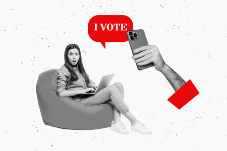 Composite photo collage of astonished girl sit beanbag type laptop hand hold phone i vote bubble election isolated on painted backgroundの写真素材