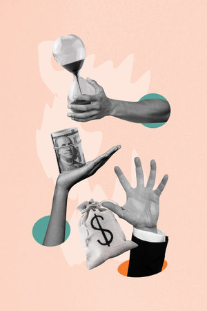 Vertical image collage human hands dollars banknotes cash funds sandwatch time management...
