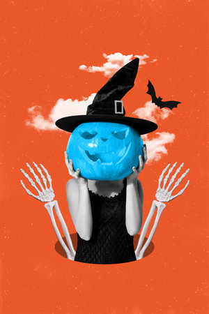 Composite trend collage of halloween autumn season spooky creepy poster young lady trick or treat hand hold pumpkin head wear hat bone armの写真素材