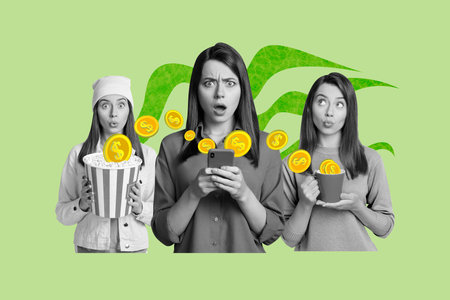 Creative collage image amazed girls shocked omg reaction confused golden coins dollar money earnings...