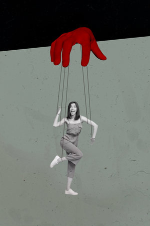 Photo collage image of funny cheerful crazy woman hunging strings isolated on drawing backgroundの写真素材