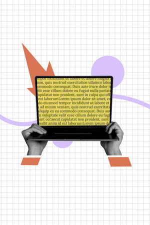 Collage image template of woman student hold modern wireless netbook screen isolated on drawing...