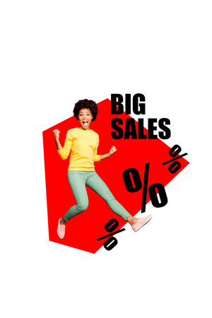Composite trend artwork 3D sketch image photo collage of young woman happy jump success big sales percent banner black friday cheap dayの写真素材
