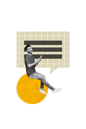 Vertical creative art collage of happy guy hold phone type message correspondence speech app...