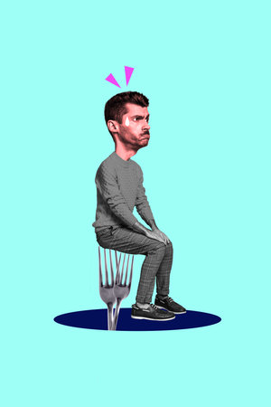 Vertical photo collage of sad man cry sit fork prick trap harassment violence bullying problem depression isolated on painted backgroundの写真素材