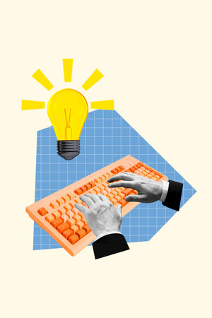 Trend artwork sketch image photo collage of workspace huge computer obsolete keyboard press button...