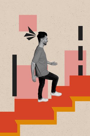 Vertical collage poster young man climb upstairs leadership ambition inspiration achieve goal aim target drawing backgroundの写真素材