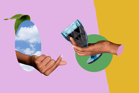 Creative photo collage hands body fragments hold wine liquid beverage glass love gesture fingers sky clouds environment dreamの写真素材