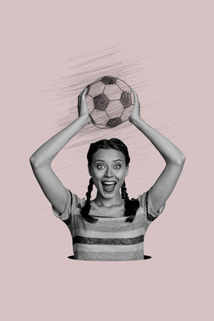 Vertical photo collage of excited girl hold doodle ball football soccer championship sport league isolated on painted backgroundの写真素材