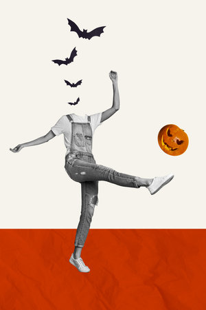 Vertical photo collage of headless girl push carved pumpkin jack halloween spooky holiday bat carnival isolated on painted backgroundの写真素材