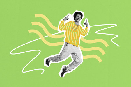 Composite trend artwork sketch image photo collage of silhouette young guy carefree dance fly style headphones listen music rock gestureの写真素材
