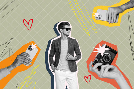 Composite photo collage of happy popular blogger man celebrity hands paparazzi hold phone camera...
