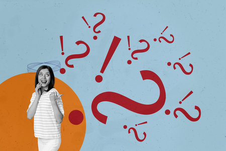 Creative collage young woman excited think hmm guess decide question mark theory find solution...