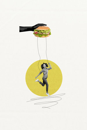 Vertical photo collage of happy girl marionette run cafe fast food nutrition burger addiction puppeteer isolated on painted backgroundの写真素材