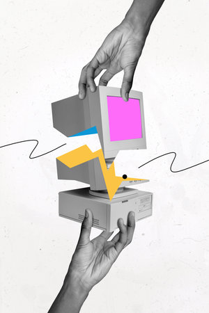 Vertical poster collage computer pc monitor screen crack separated break internet digital device addiction hands body fragmentsの写真素材