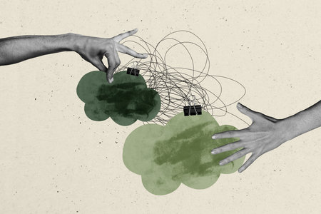 Composite trend artwork sketch image photo collage of sticky notes empty space clip office two huge hand gesture hold touch clouds lineの写真素材