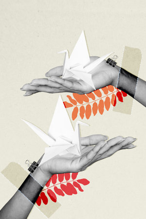 Vertical composite artwork collage image picture of two arms hold paper origami swan isolated on creative backgroundの写真素材
