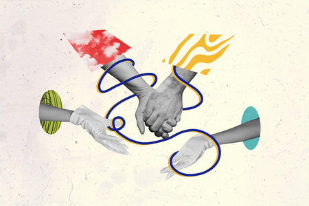 Creative poster collage human hands hold each other bonding relationship couple partners spouse girlfriend boyfriend drawing backgroundの写真素材