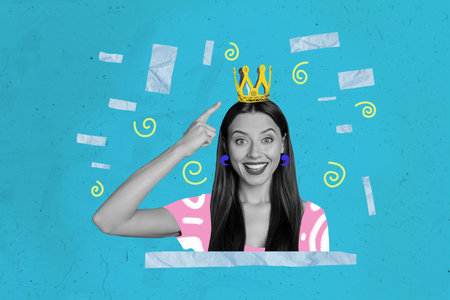 Composite photo collage of hand point crown beautiful girl princess royalty ceremony prom jewelry earrings isolated on painted backgroundの写真素材