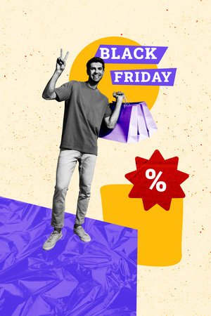 Trend artwork sketch image photo collage of sale discount offer low price black friday young guy hold bag two finger smile happy percentの写真素材