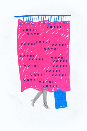 Vertical photo collage of anonym woman legs heels stand election cabin registration choose vote...