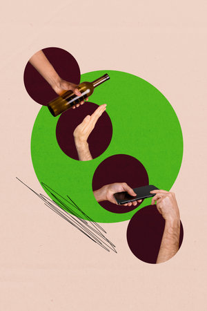 Vertical collage poster hands body fragments smartphone digital device bottle glass wine beverage refusal deny bar pub bartenderの写真素材